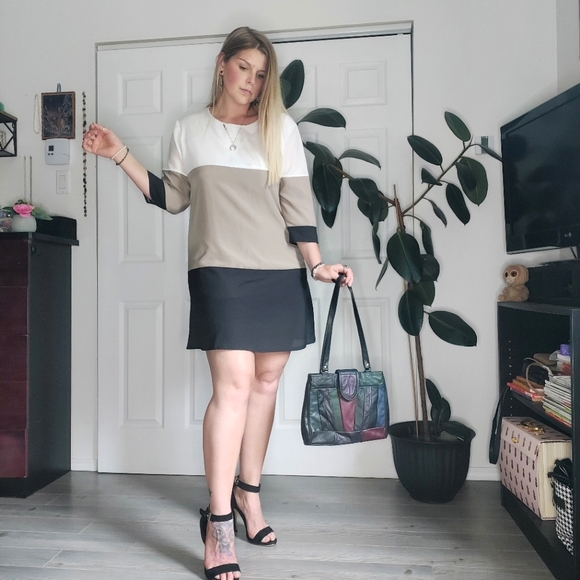 NEUTRAL TONED COLORBLOCK CLASSIC DRESS - Picture 1 of 10